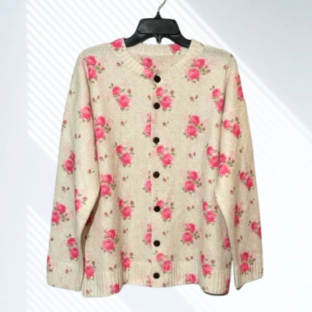 NWOT Gorgeous Pink Rose Floral Print Knit Cardigan Sweater Layering Size 2XL - Picture 3 of 13